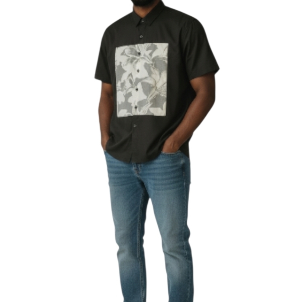 7 Diamonds Black Short Sleeve Shirt with Abstract Floral Design